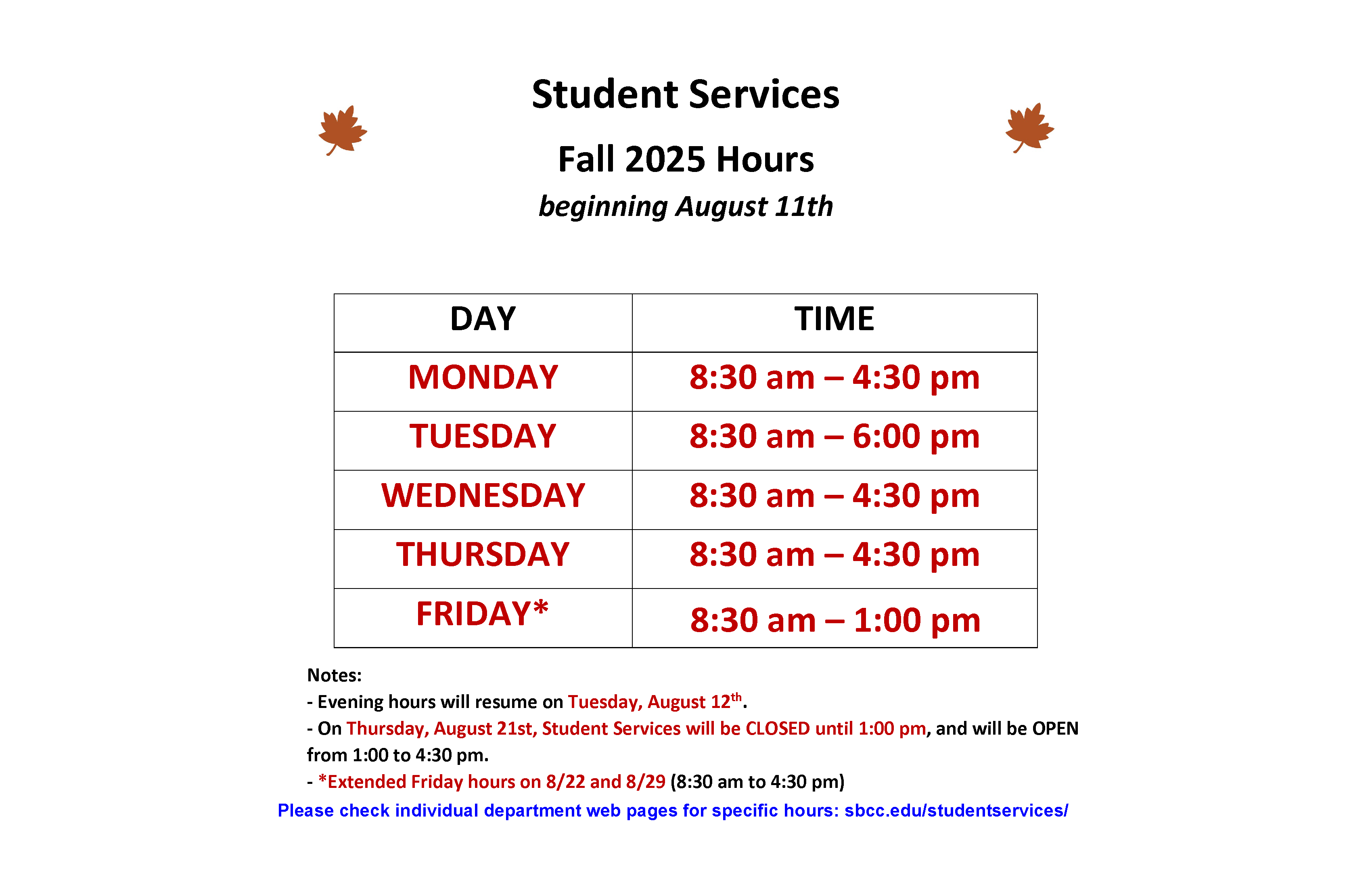 Fall 2025 student services hours - click for PDF